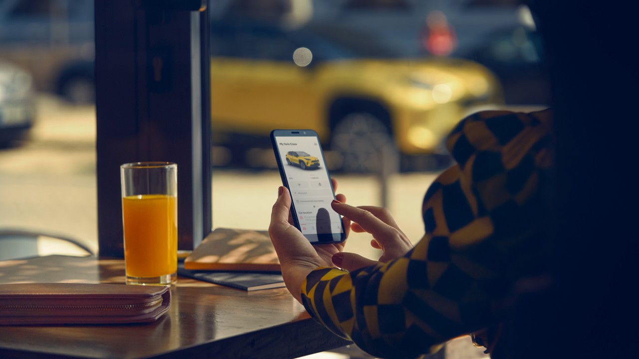 Junge Frau im Café beim Anschauen eines Angebots auf ihrem Smartphone