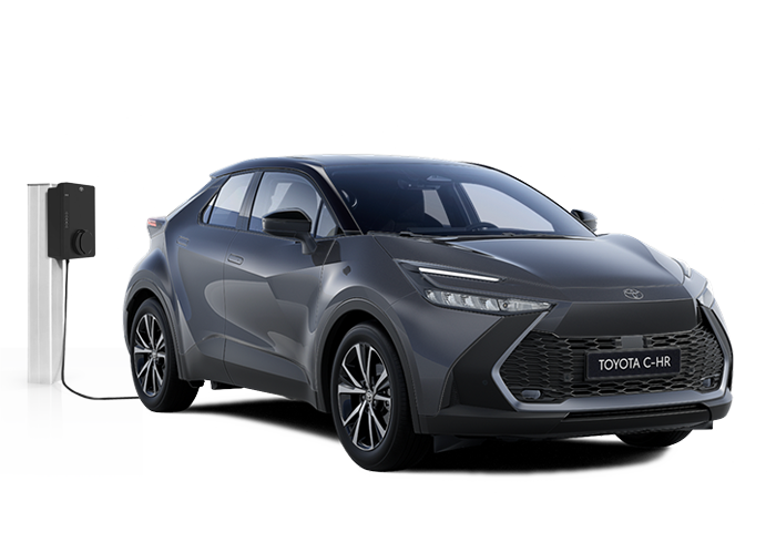 Ein schwarzer Toyota C-HR Teamplayer Plug-in Hybrid in diagonaler Frontansicht vor einem weißen Hintergrund