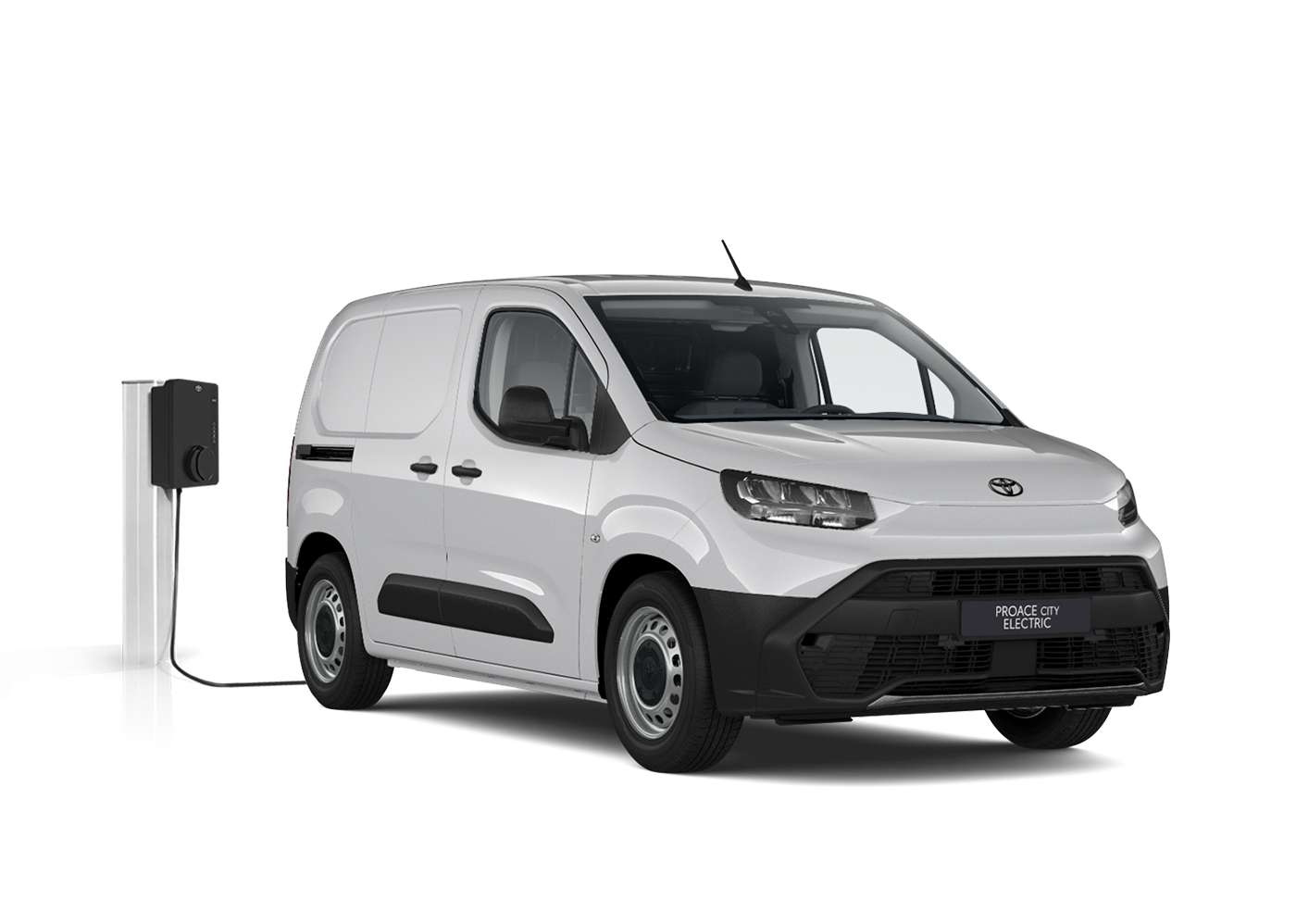 Weiß-lackierter Proace City Electric Meister mit modernen LED-Scheinwerfern steht diagonal zur Kamera vor neutralem Hintergrund.