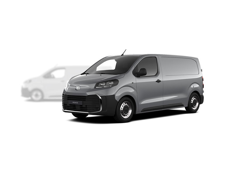 Grauer Toyota Proace steht diagonal zur Kamera, im Hintergrund ist unscharf ein heller Proace zu erkennen