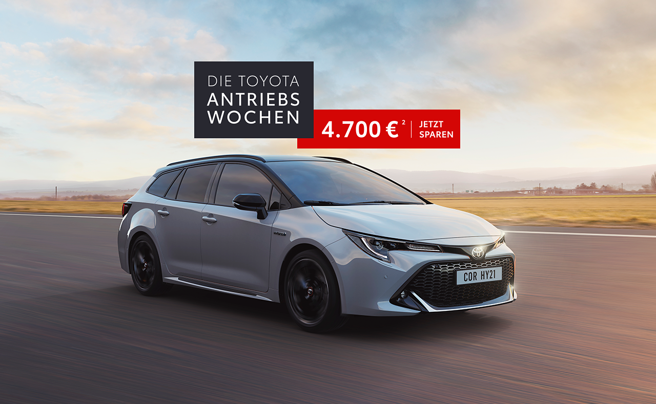 Fahrender silberner Corolla, darüber ein Störer mit: Spare bis zu 4700 €