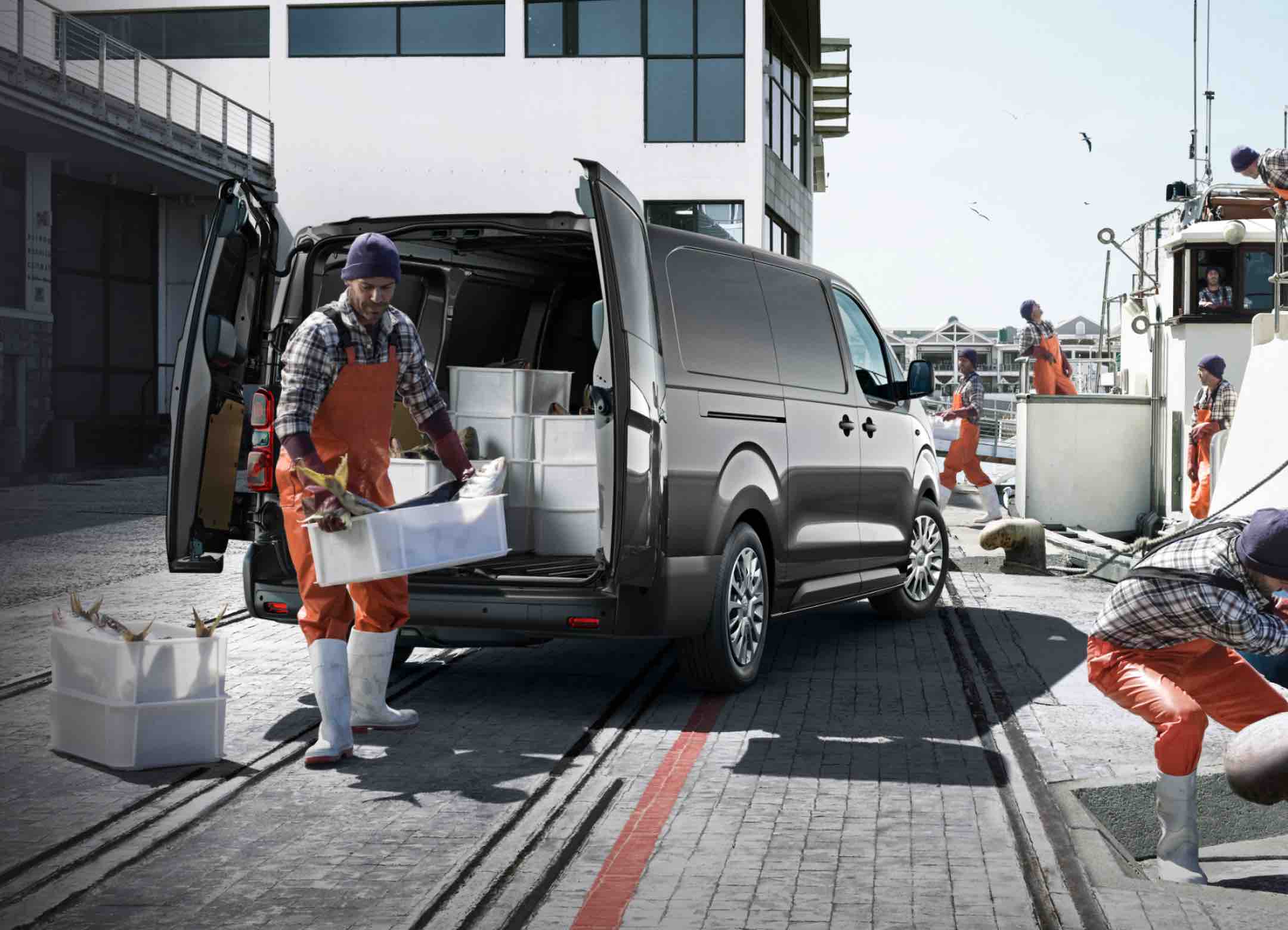 Person in einem orangenem Overall lädt eine Kiste mit Fischen in einen Kleintransporter, der im Hafen neben einem Boot steht.