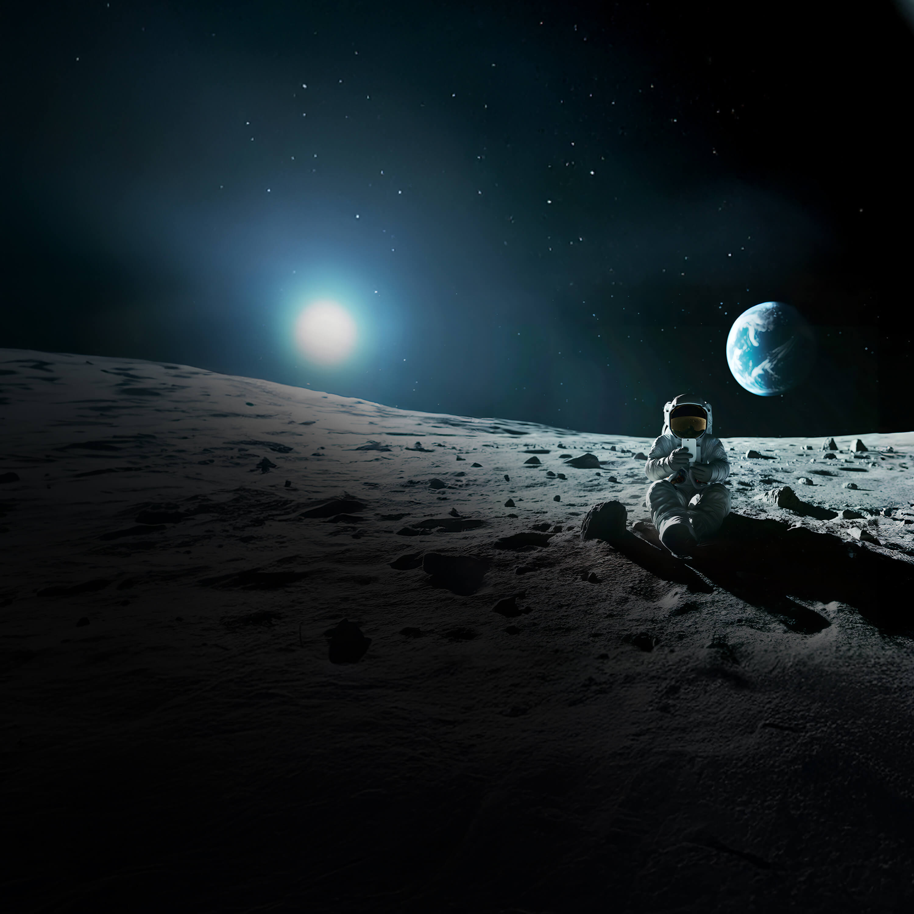 Astronaut sitzt im Raumanzug auf einem Stein auf dem Mond mit einem Smartphone in der Hand