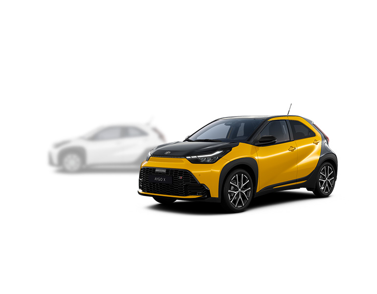 Toyota Aygo X in seitlicher Sicht, im Hintergrund ist ein verblasster Aygo X zu erkennen