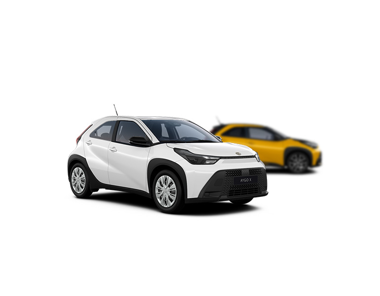 Dunkler Toyota Aygo X in seitlicher Sicht, im Hintergrund ist ein verblasster hellerer Aygo X zu erkennen