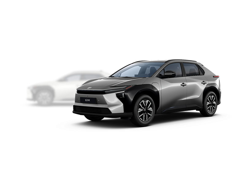 Toyota bZ4X in seitlicher Sicht, im Hintergrund ist ein verblasster Toyota bZ4X zu erkennen