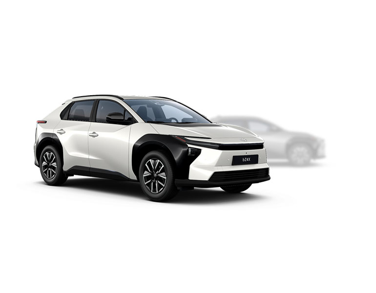 Dunkler Toyota bZ4X in seitlicher Sicht, im Hintergrund ist ein verblasster hellerer Toyota bZ4X zu erkennen