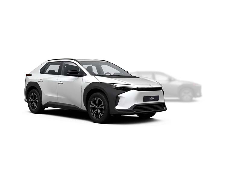 Dunkler Toyota bZ4X in seitlicher Sicht, im Hintergrund ist ein verblasster hellerer bZ4X zu erkennen
