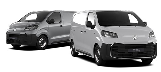 Zwei Toyota Proaces in silber stehen diagonal zur Kamera auf weißem Hintergrund