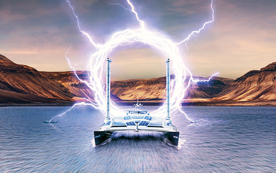 Energy Observer Boot, elektrischer Ring im Hintergrund