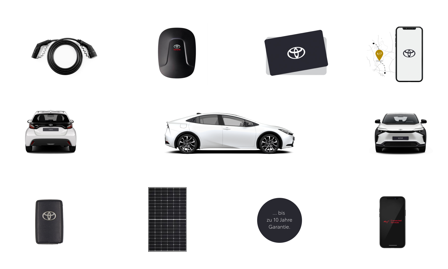 Zwei elektrifizierte Fahrzeuge werden von Elektro-Zubehör umkreist