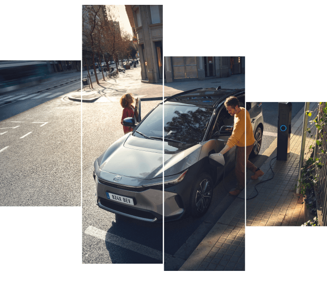 Mann und Frau öffnen die Türen eines Toyota bZ4X, der an einer Ladesäule angeschlossen ist