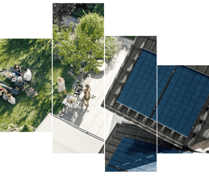 Ein Solardach aus der Vogelperspektive, Familie beim Grillen