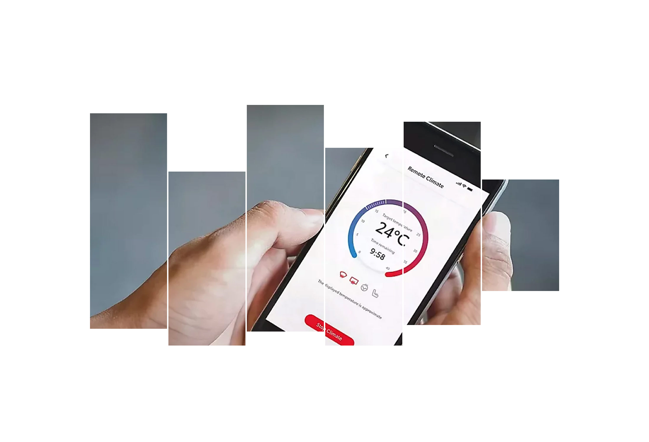 Smartphone in der Hand einer Person, darauf eine App zum Bedienen der Klimatisierung zu sehen.