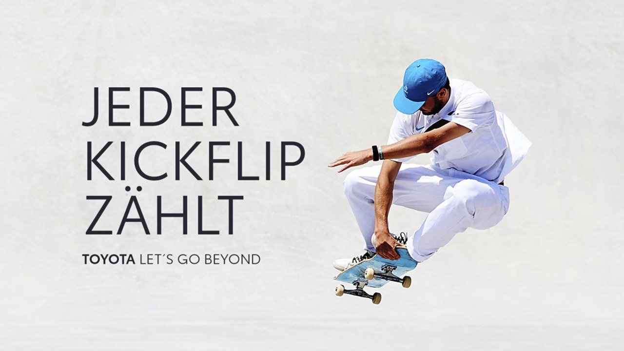 Skater auf einem Skateboard neben dem Text "Jeder Kickflip Zählt"