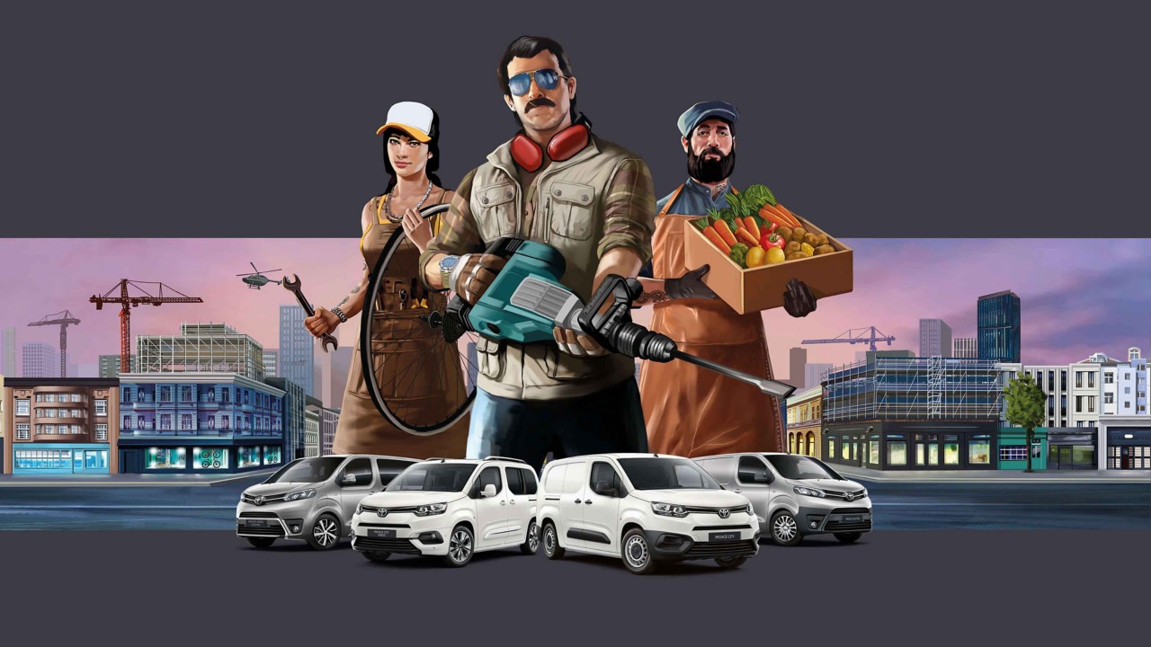 Eine Illustration von drei Handwerkern & Toyota Nutzfahrzeuge