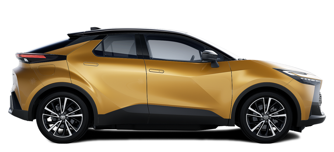 Ein goldener Toyota C-HR in seitlicher Perspektive.