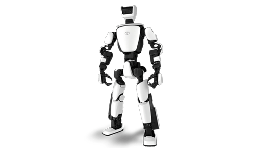 Ein humanoider Roboter, T-HR3 genannt, mit weißen Panelen und schwarzen, sich bewegendenGelenken.