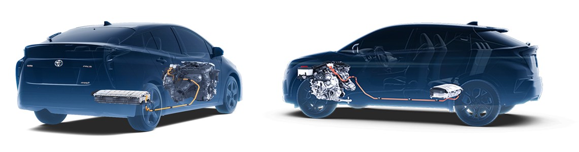 Grafik illustriert die Verbindung zwischen Verbrennungsmotor und Hybridbatterie