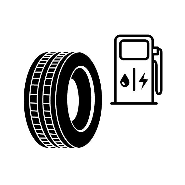 Kraftstoffeffizienz Illustration: Reifen neben einer Zapfsäule